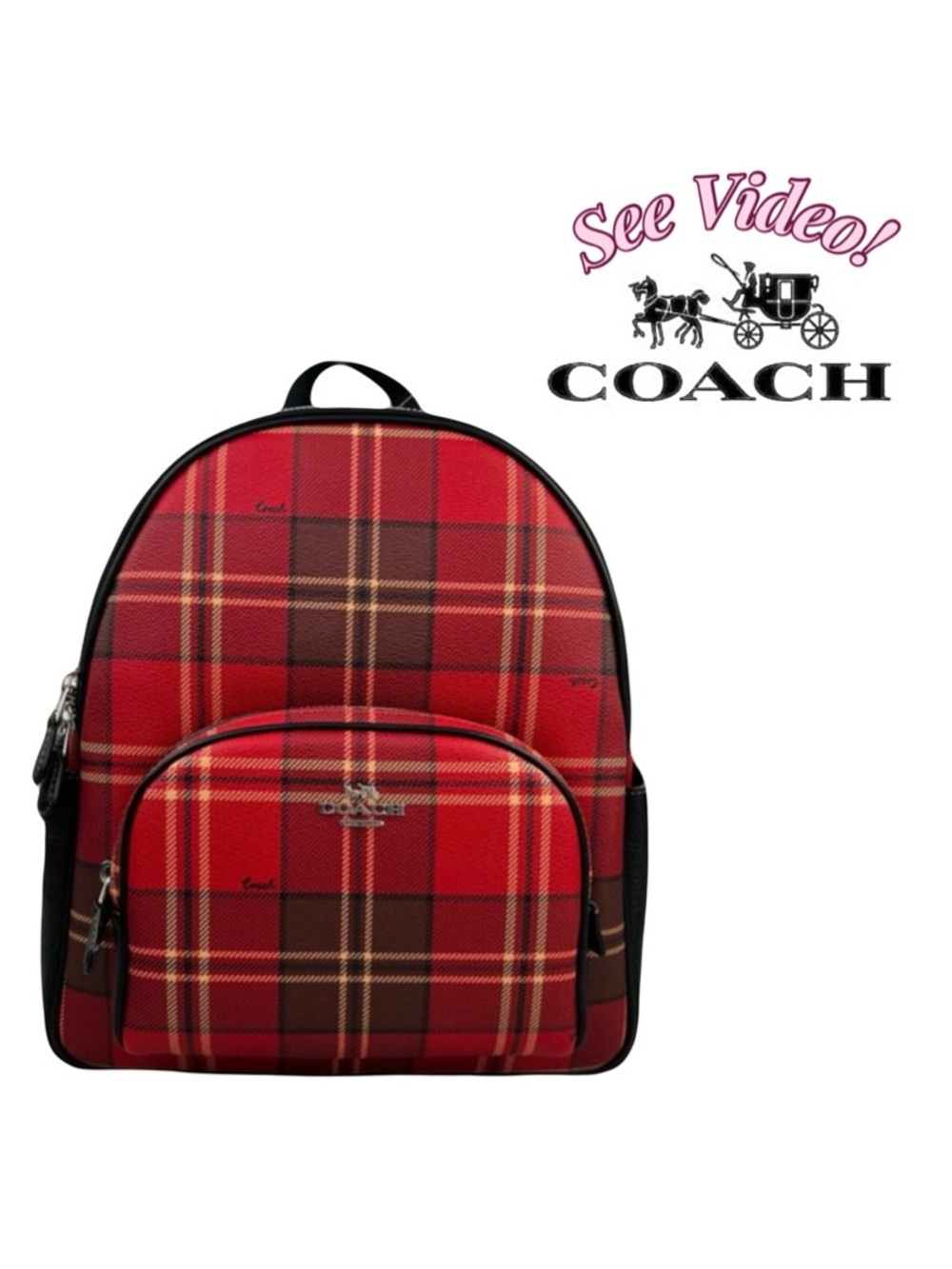 Coach Court Backpack in Sig Canvas & Leather 🍒 Red Tartan Plaid Print